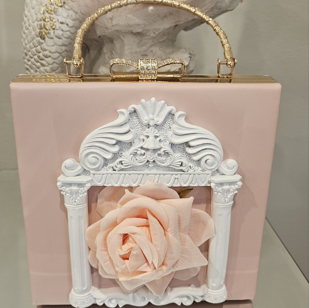 Ornate Pink Floral Box Clutch with Gold Handle